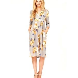 Sweater midi dress empire waist faux wrap grey floral 3/4 sleeve S